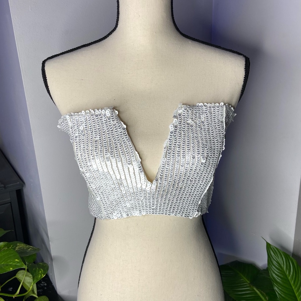 White Sequin V-Neck Crop